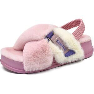 Women's Plush Pink Fleece Fuzzy Fur Criss Cross Open Band Cozy Slippers Shoes